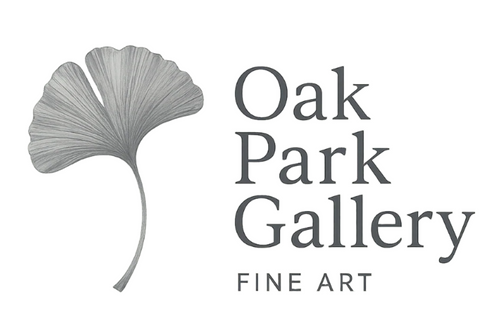 Create a logo for Oak Park Gallery using a ginkgo leaf in the design. In smaller type place the words FINE ART below at the bottom. Put the ginkgo leaf on the left side. Use various shades of grey as the color scheme